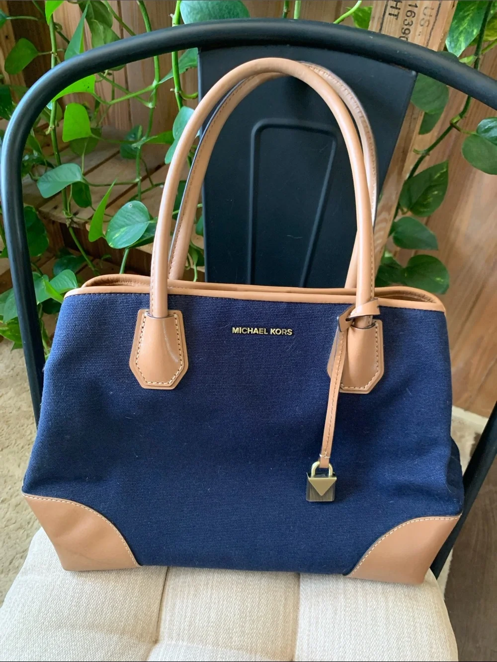Michael Kors Navy and Tan Leather-Trim Tote